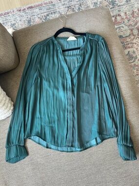 MELLODAY Teal Pleated Long-Sleeve Blouse